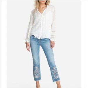 Johnny Was Samira Eyelet Cropped Baby Boot Mid Rise Jeans Embroidered Size 29